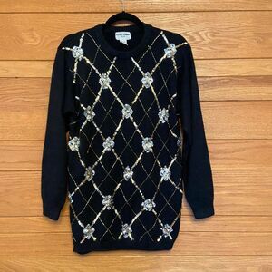 Vintage 80s 90s Alfred Dunner black gold sequin argyle sweater